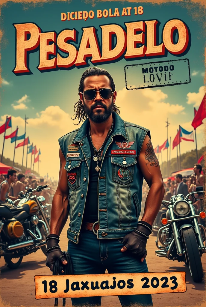 Vintage motorcycle event poster, written in Portuguese: 10th Anniversary of Pesadelo Motoclube January 18, 2025, biker with a denim motorcycle club vest at a festival