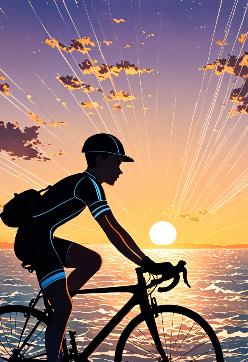 
                     ( Correct and perfect anatomy ) A boy wearing a hat rides a bicycle (close up)  (Well-fitting cycling clothing),(Gloves)  Cycling silhouette on beautiful coastline high dynamic wind speed lines exquisite detailed perfect background is late twilight evening coastline twilight scene sky gradually darkening light getting darker，Beautiful light and shadow art creates a mysterious atmosphere. Highly detailed digital art with soft colors. Surreal high-definition pictures.