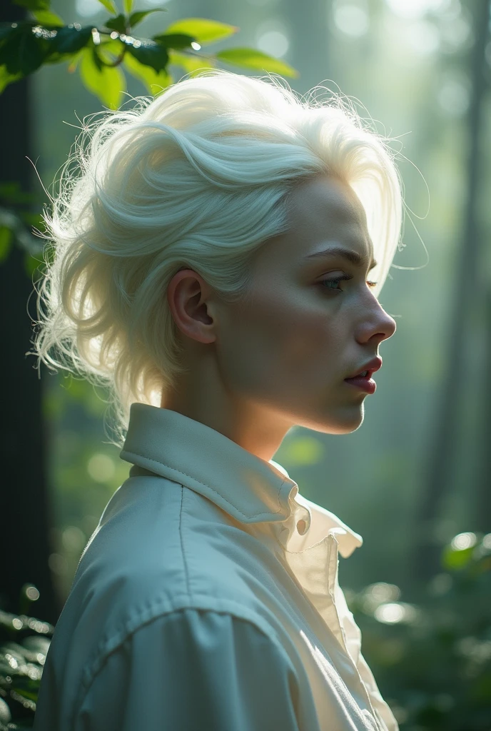 Profile of an albino man, Platinum white hair, Red eyes, beautiful  face