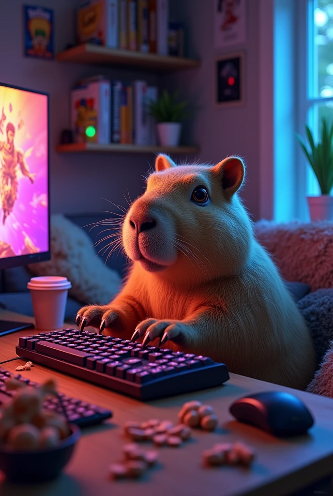 A realistic capybara playing on its gaming PC