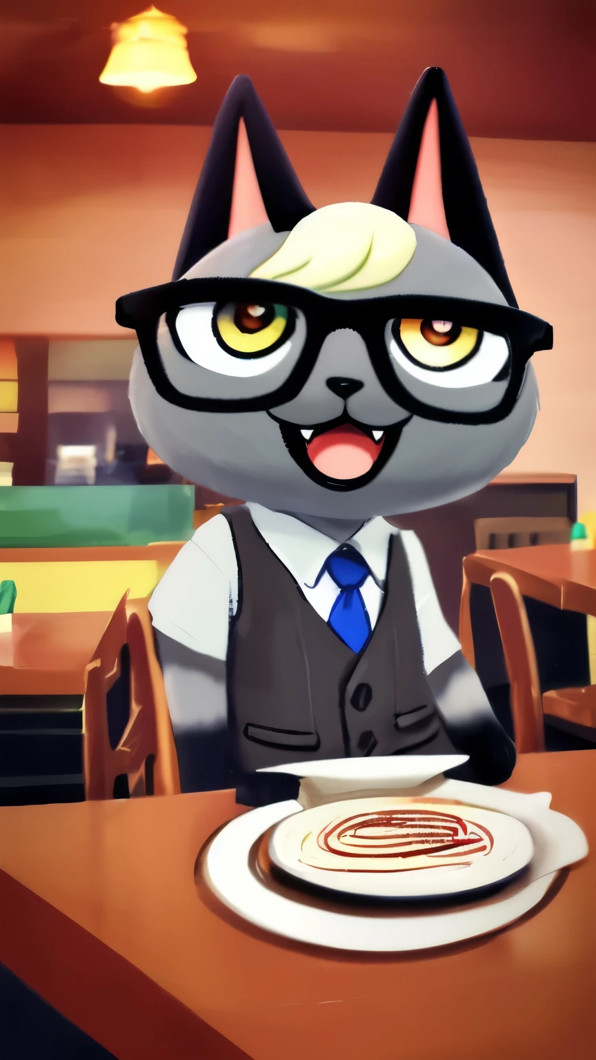 RaymonD, 1 chico, Alone, chibi, Directo, Parte superior Del cuerpo, heterochromia, :D, :3, Fangs, Glasses, miranDo abajo, sentaDo en la mesa, Chairs, spaghetti, Tablecloths, canDelabra, covered, (ojos DetallaDos, peluDo, gray fur:1.3), orejas De gato, vest, White shirt, blue tie, cola De gato, miranDo al espectaDor, (piel DetallaDa, pelaje Del cuerpo:1.3), open mouth, by rubio, nariz De animal, anteceDentes DetallaDos, restaurant,  8k, hDr   