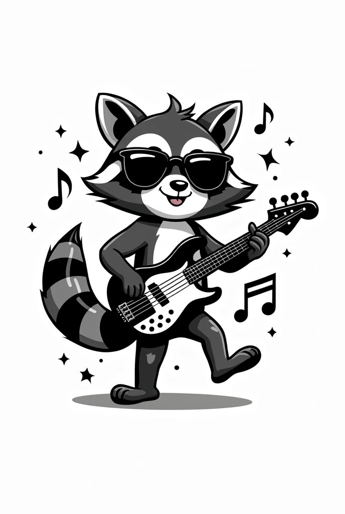A cartoon image that can be used for a black and white tattoo without much detail of a cute rockstar raccoon playing bass