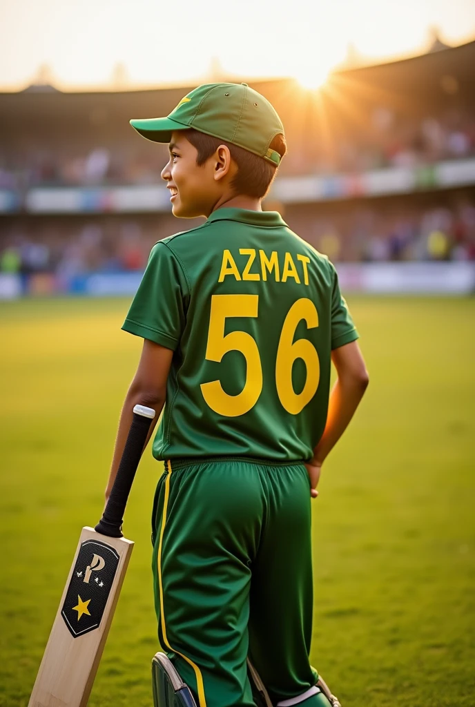 the boy stand and wear pakistan shirt the shirt front name Jawad pakistan flag in their
hand