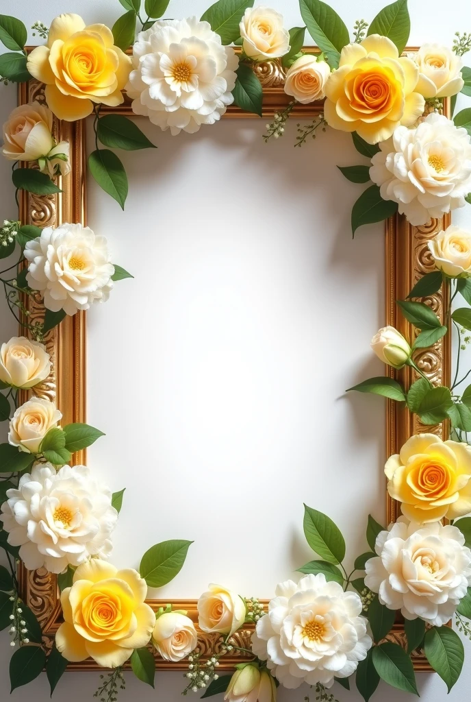 A frame for wedding card, with white peonies ,yellow roses, tulips and white peonies, Make it gold and look luxurious , that it looks more luxurious and elegant