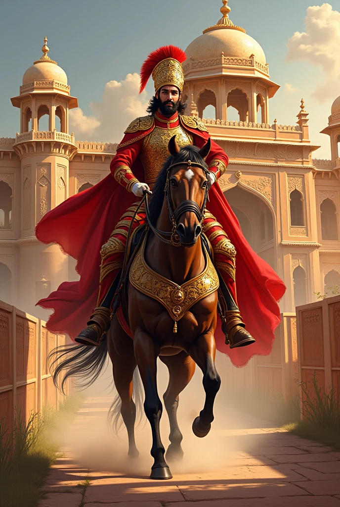 A Rajput soilder riding on horse, background midiyam size mantion, 2d potrait images by sides