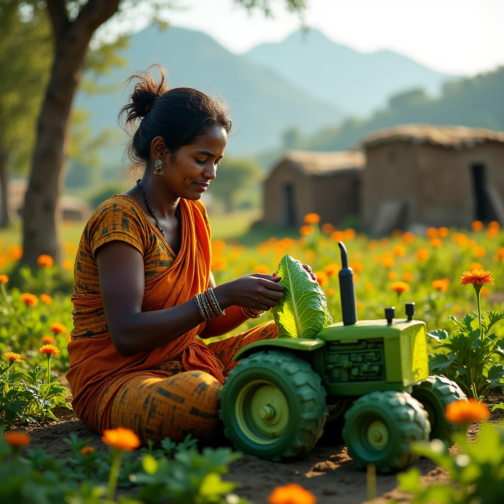 A poor Indian woman is making a tractor from cabbage 