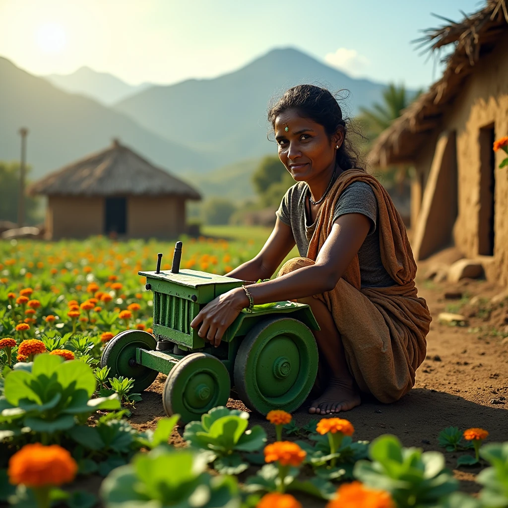 A poor Indian woman is making a tractor from cabbage
