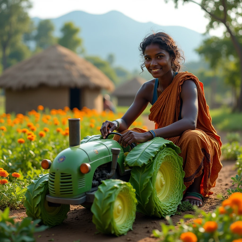 A poor Indian woman is making a tractor from cabbage