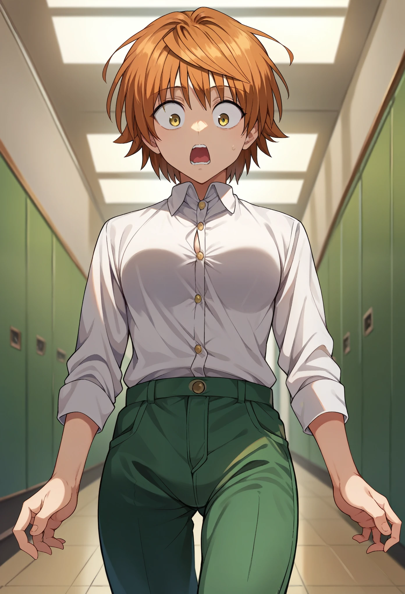 score_9, score_8_up, score_7_up, 1boy, solo, yuusaki riko, yellow eyes, brow hair, short hair, spiked hair, white shirt, buttons, short  slevees, green pants, standing, medium breasts, surprised, normal surprised, looking down, school, hallway