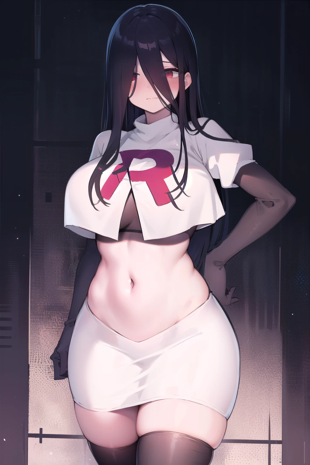 masterpiece, detailed, high quality, absurdres, sadako, (hair over eyes), pale skin, blush, large breasts, curvy, navel, stomach, groin, team rocket,team rocket uniform,white skirt,red letter R,crop top,black thigh-highs,black elbow gloves, cowboy shot,