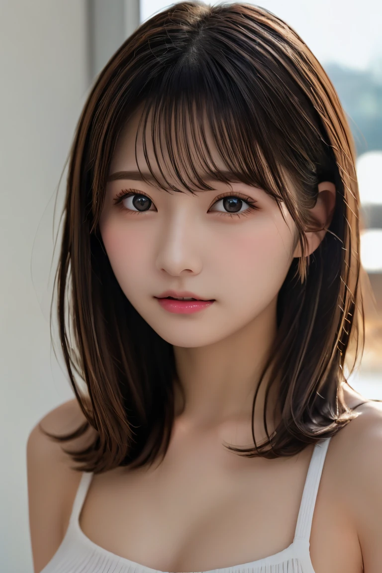 Highest quality, (beautiful)、beautiful女性、、Precision Eyes、Brown eyes、Completely naked、Looking into the camera、Soft Breasts、Medium Hair、Inward curl hair、Straight Hair、Soaking wetＴshirt、