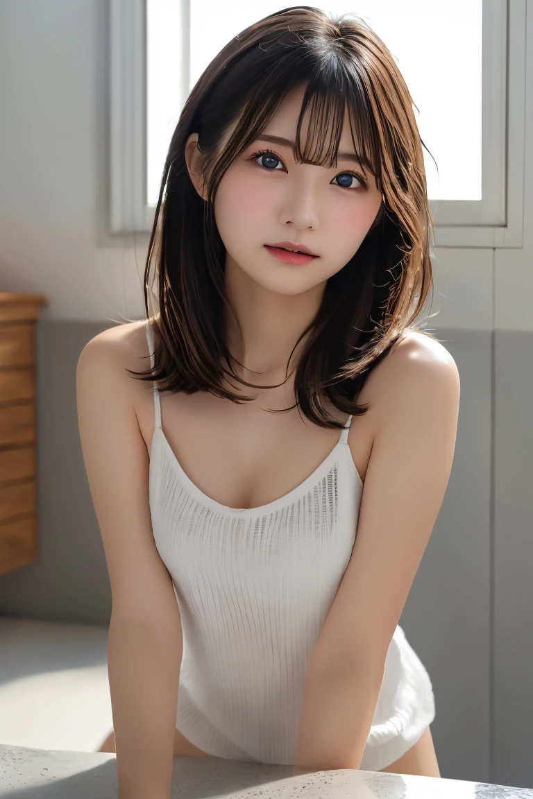 Highest quality, (beautiful)、beautiful女性、、Precision Eyes、Brown eyes、Completely naked、Looking into the camera、Soft Breasts、Medium Hair、Inward curl hair、Straight Hair、Soaking wetTshirt、
