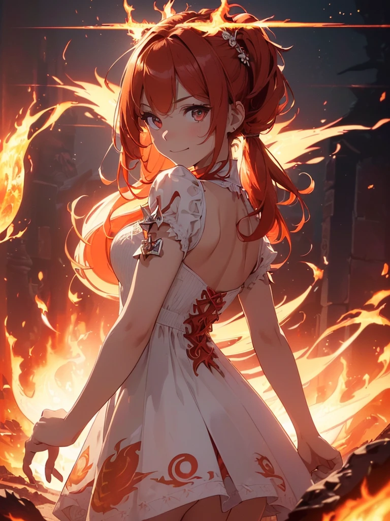 (((best quality, sharp image, clear image, cinematic lighting, 8k resolution, masterpiece, ultra detailed, intricate))) Girl, (((looking over left shoulder))), (shot from behind), ((half shot)), fiery red hair, pigtails, ((white dress)), ((flaming sigils, flaming runes)), spiky rock formations, (flaming lotus flowers frame), (intricate background), ((Phoenix)), (swirling flames), smiling