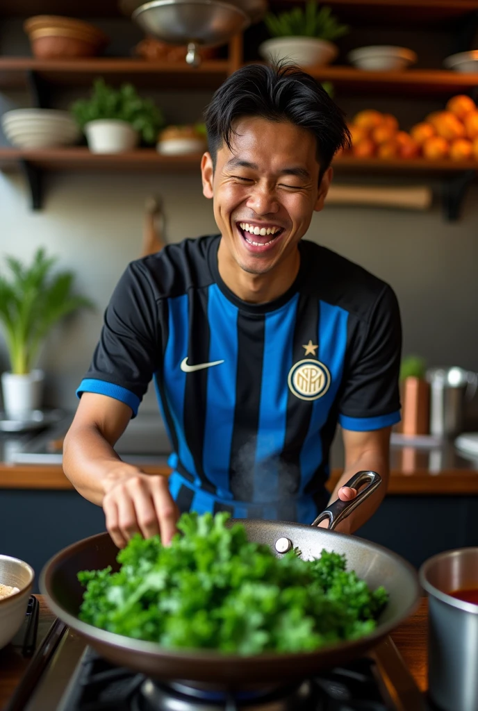 real photo. young man Indonesian face. wearing an Inter jersey black blue, the expression was laughing out loud. is sautéing kale vegetables in the pan. kitchen atmosphere. real life Ultra-realistic 8K photograph, shot with a Leica Q2, strong color contrast and sharp clarity --ar 9:16 --quality 2 --