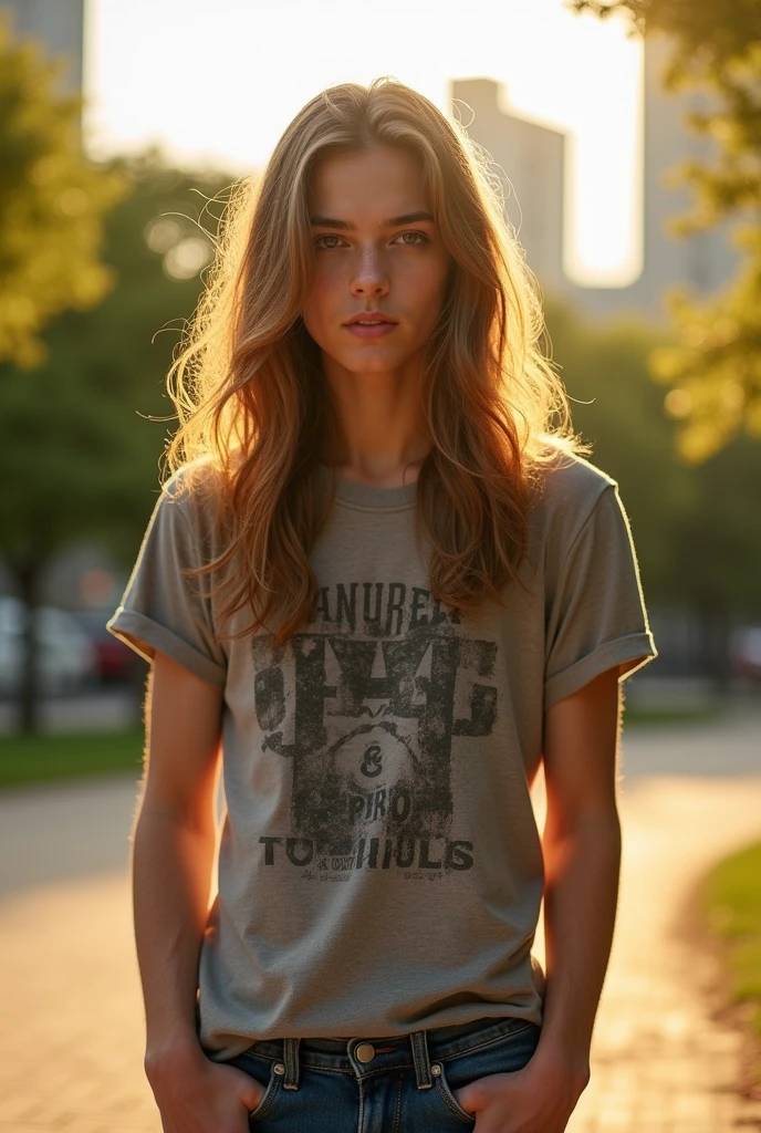 Create a realistic 18 year old with long hair man