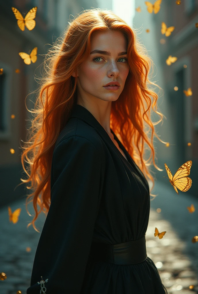 (solo, full body photo:1.3), (action packed:1.3), (haze, fog, mist:1.3), chiaroscuro, best quality, photorealistic, 1woman, (cute), (24yo:1.2), redhead, long ginger hair highly detailed, 1700'S, digital photography, art by artgerm and ruan jia and greg rutkowski surreal painting gold butterfly filigree, broken glass, (masterpiece, sidelighting, finely detailed Fashionable eyes: 1.2) (perfect oval large eyes that gazes at the viewer), beautiful detailed face, blue gorgeous perfect eyes, (blonde hair ponytail), (attractive young woman:1.3), (thick amazing hair), (seductive:1.1), (blushing:1.1)