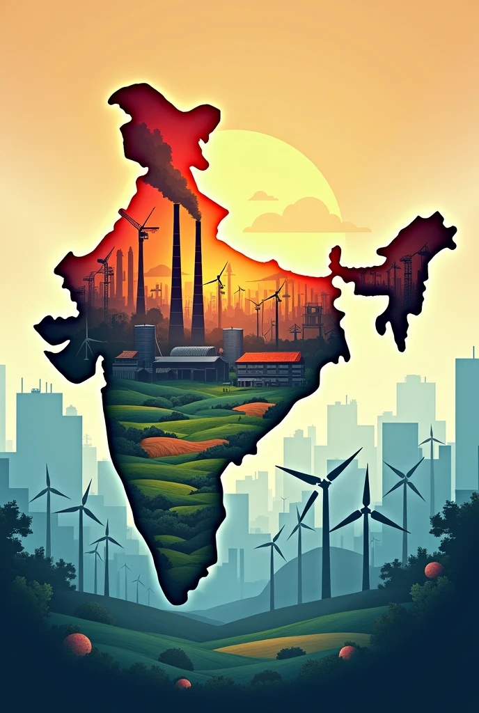 Generate a cover page in which Indian map
in center and inside it their is industrialization in India image