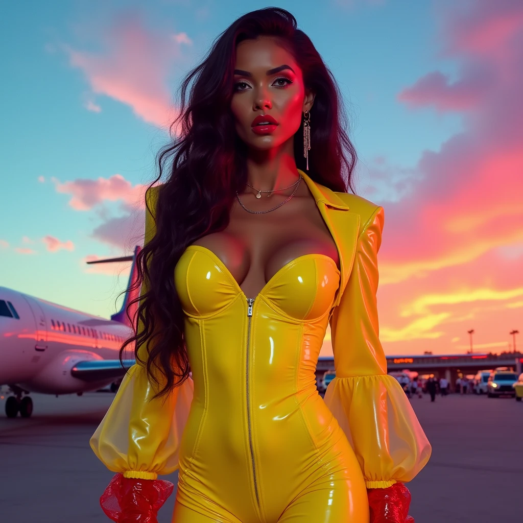 Girl macacão látex amarelo de frente de pé tênis ,morena caramelo long hair,Witch Queen,Red lipstick , Masterpiece, high quality, high resolution, volumetric lighting, subsurface scattering, 8k, Beautiful woman, (morena olho azul skin), neon sky, látex transparente vermelho, (large butt), large breasts, (long-sleeve blouse), (cotton-shorts:1.2), wavy ao fundo um aeroporto e avião, aeromoça