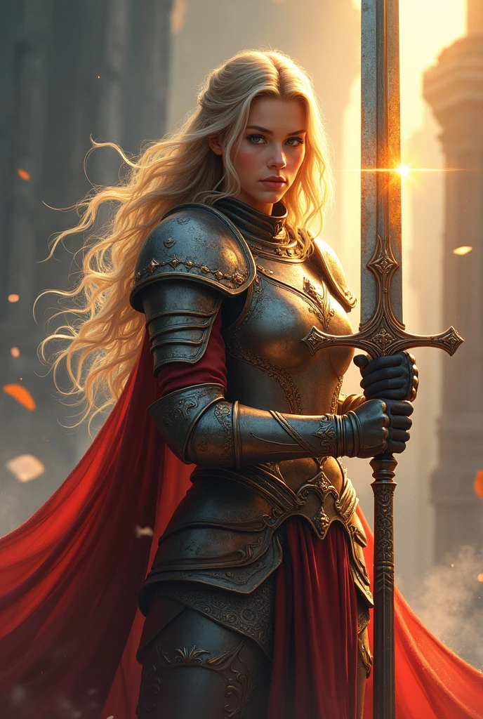 (8k, highest quality, masterpiece: 1.2), (Realistic, photoRealistic: 1.37), Super detailed, One Girl, Paladin with a sword imbued with light, Wide viewing angles, huge firm bouncing bust, Very delicate depiction, Miniature painting, Detailed depiction of the face, Detailed depiction of hair, Accurate skeleton, Dress with intricate patterns, Complicated armor, long thick sword