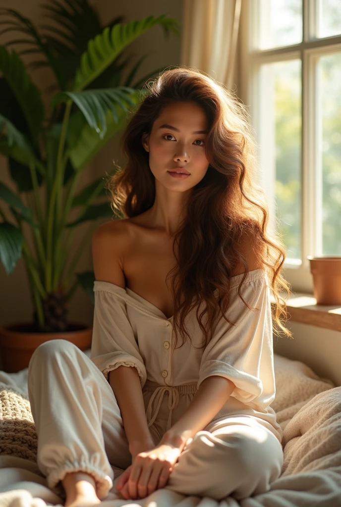 (photorealism:1.2), beautiful woman, sitting on bed, wearing loose off-shoulder top, pajama pants, long curly hair, indoors, soft lighting, plants in background, window with sunlight, cozy room, relaxed pose, realistic, intricate details, warm colors, by Greg Rutkowski, by Alphonse Mucha