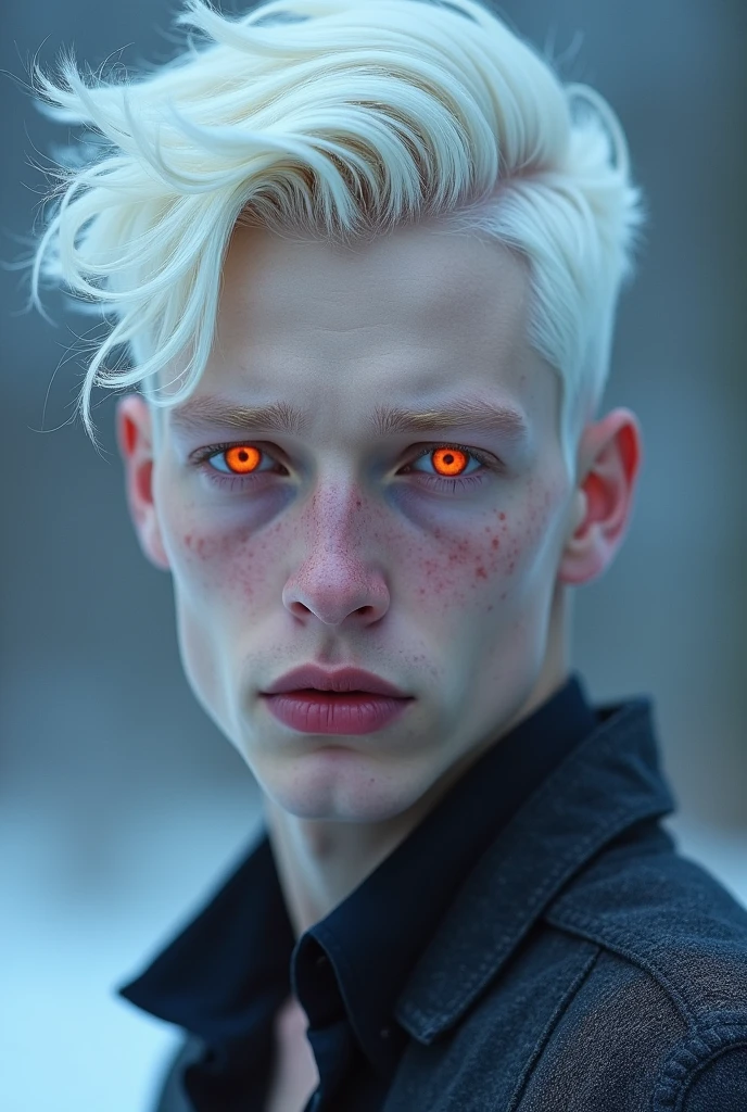 Profile of an albino man, Platinum white hair, Red eyes, MALE handsome face 
