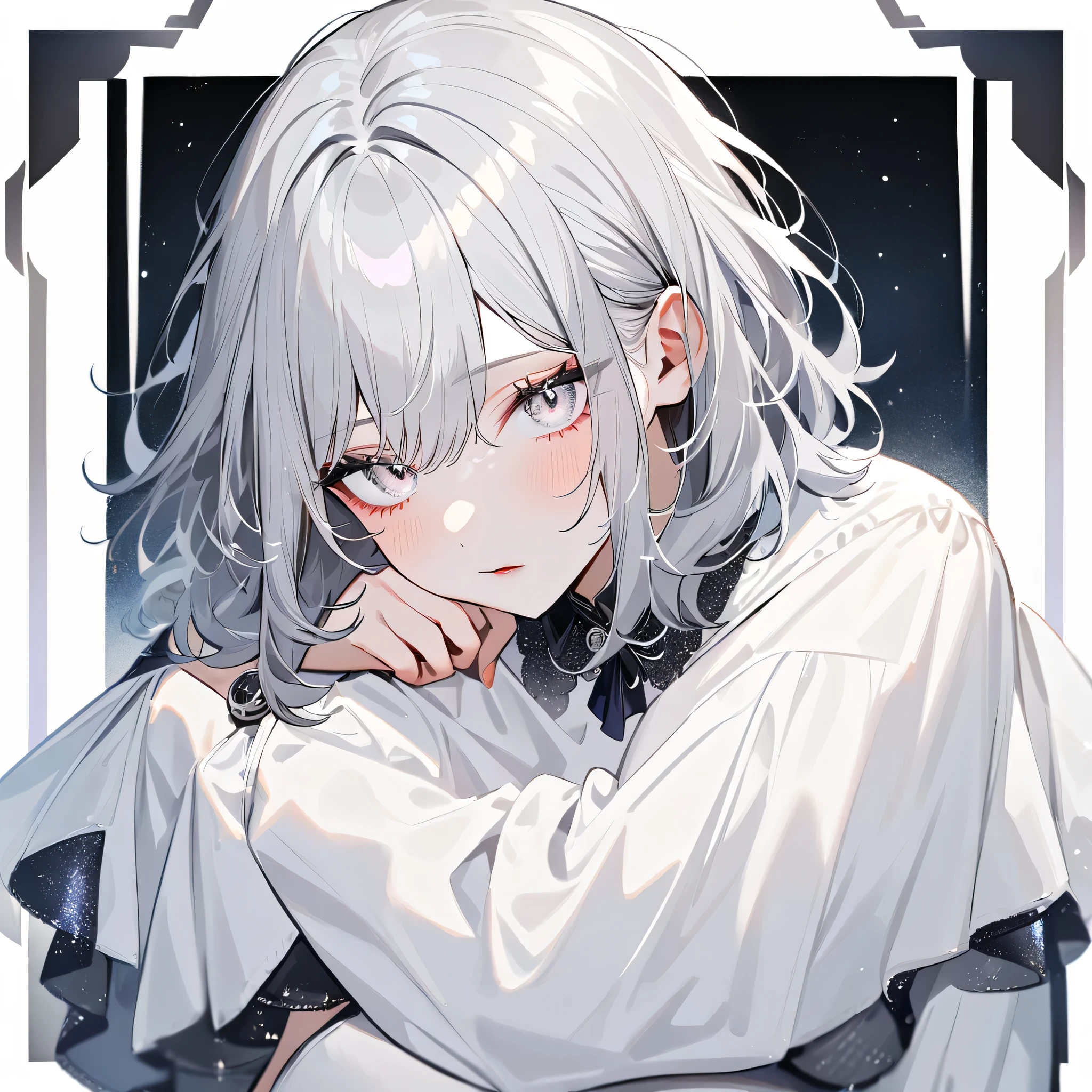 1 person,Gray Hair,White eyes,Deep Eyes,introverted,so beautiful, Absurd,View your viewers,White Silver,Shiny, Midnight Midnight,Medium hair watch