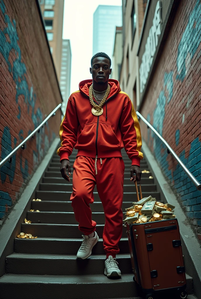 A rapper climbing the stairs to the top with a suitcase full of money