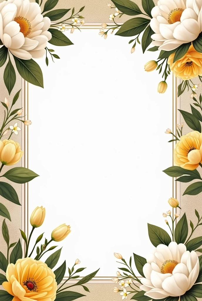 A frame for wedding card, with white peonies ,yellow roses, tulips and white peonies, Make it gold and look luxurious , that it looks more luxurious and elegant, Make it an illustration that is less realistic but more elegant. 