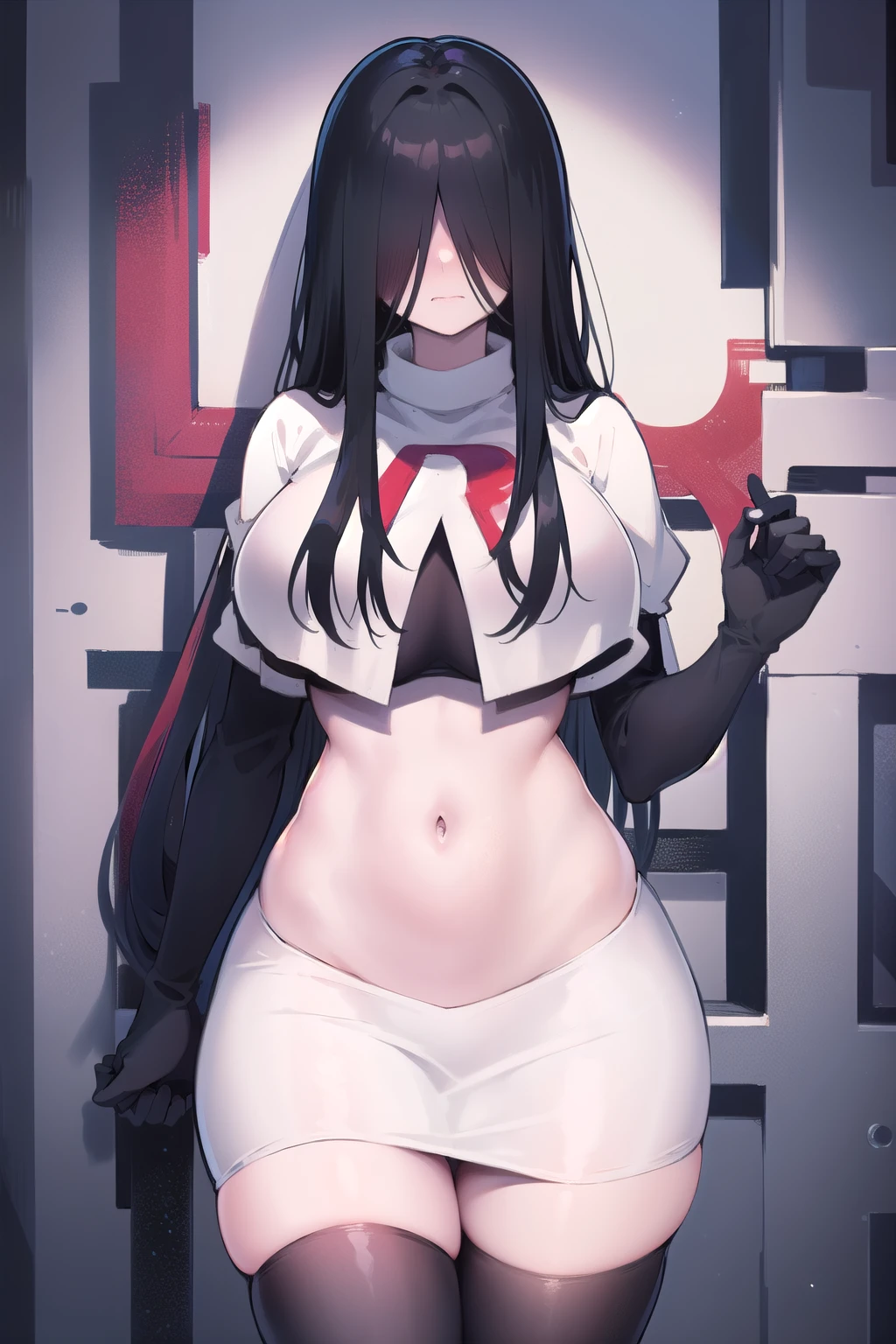 masterpiece, detailed, high quality, absurdres, sadako, (hair over eyes), pale skin, blush, large breasts, curvy, navel, stomach, groin, team rocket,team rocket uniform,white skirt,red letter R,crop top,black thigh-highs,black elbow gloves, cowboy shot,