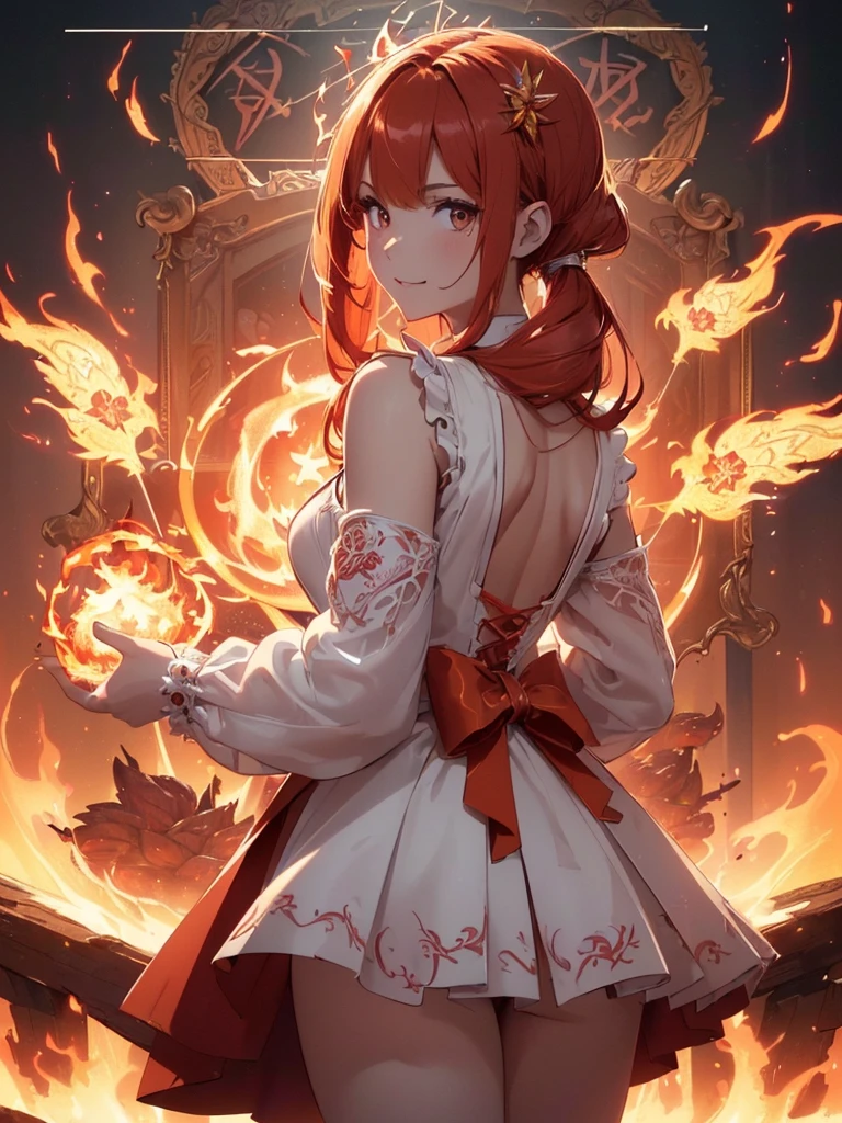 (((best quality, sharp image, clear image, cinematic lighting, 8k resolution, masterpiece, ultra detailed, intricate))) Girl, (((looking over right shoulder))), (shot ), ((half shot)), fiery red hair, pigtails, ((white dress)), ((flaming sigils, flaming runes)), spiky rock formations, (flaming lotus flowers frame), (intricate background), ((Phoenix)), (swirling flames), smiling