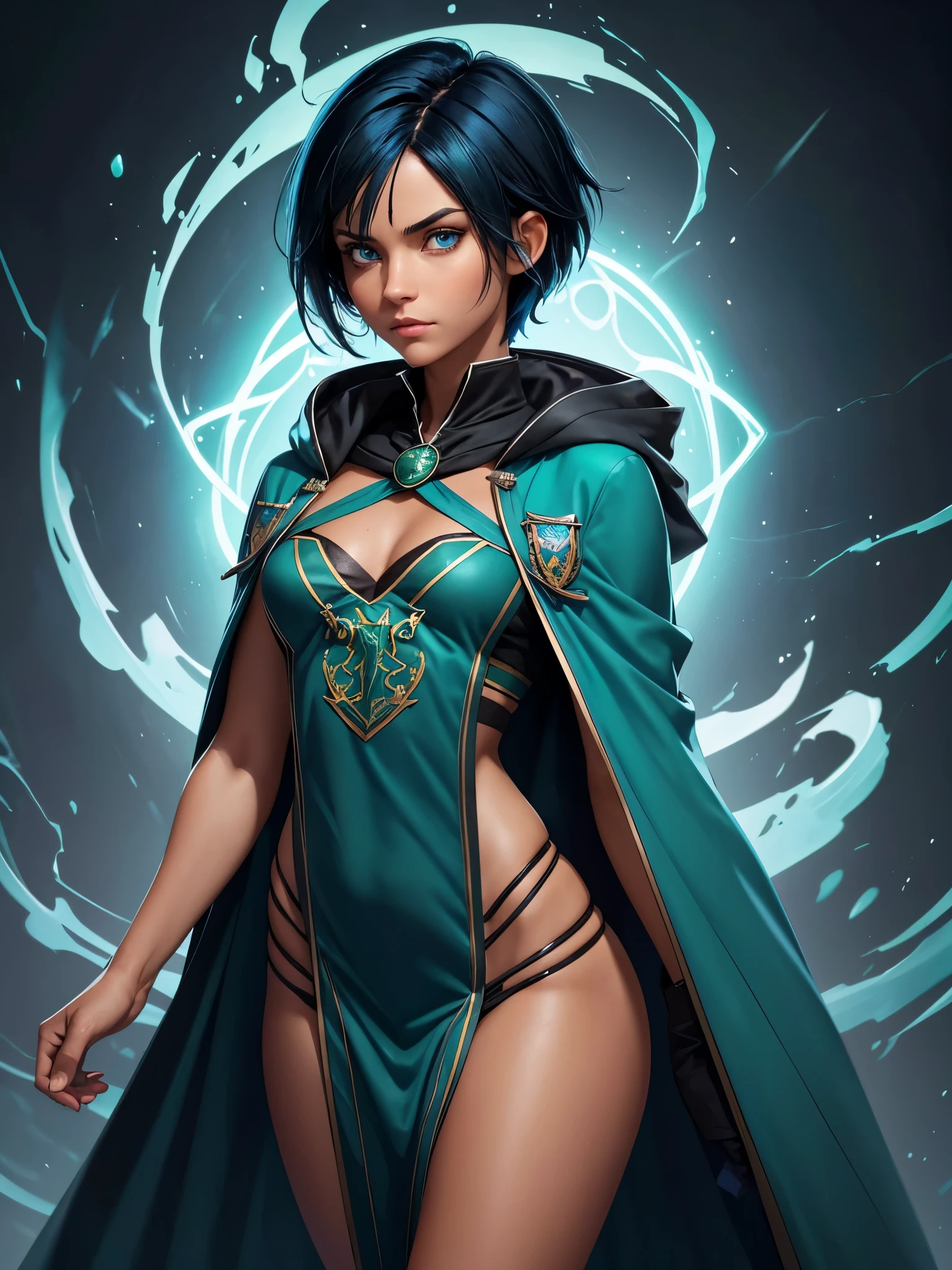 (best quality), 1girl, Female, tanned skin, black hair, blue tips, blue streaked hair, short hair, asymmetric hairstyle, swoopy hair, blue eyes, perfect eyes, smug expression, slytherin hogwarts cloak, harry potter universe, slytherin, small bust, masterpiece, anatomically correct, highres
