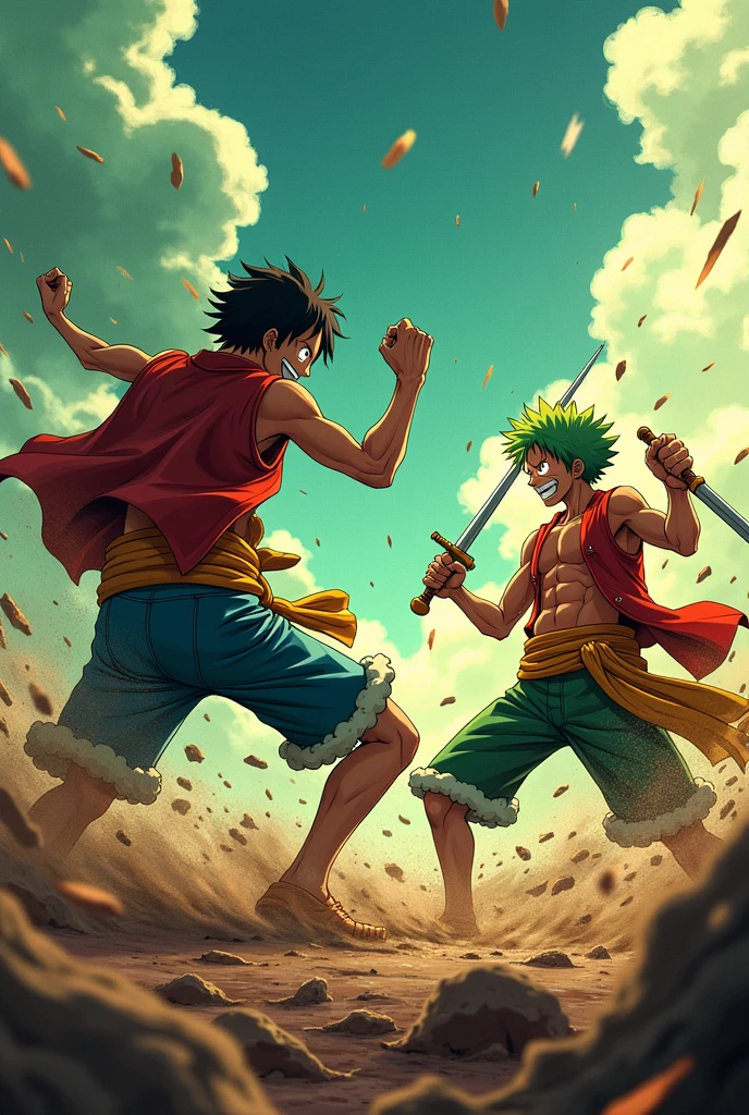luffy give a gatling punch and zoro with two swords block it