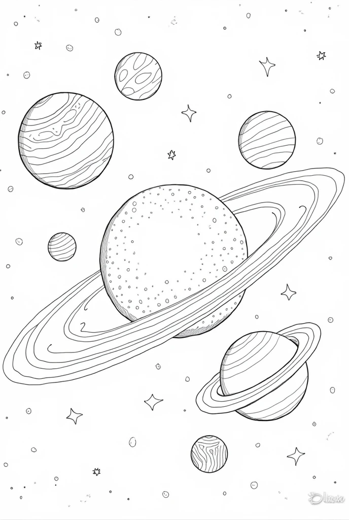 Black and white coloring page of planets orbiting