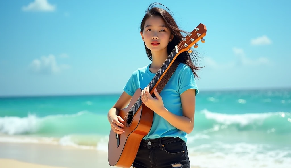 Create a detailed full body, stunning summer portrait of a A beautiful Asian girl , Inspired by Li Di, highly detailed facial features exuding confidence and charm. She wears blue t shirts and black ripped jeans playing guitar, The background shows a bright, sun-drenched beach with azure waves crashing onto the shore. The overall atmosphere of the image is bright, cheerful and perfect for summer, portrait photography, fashion, photography