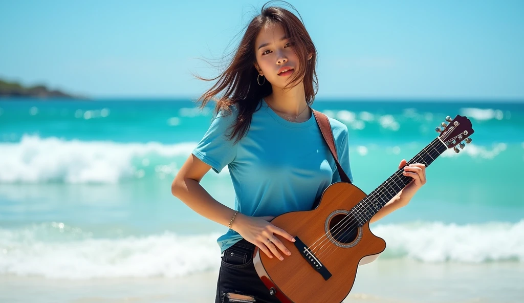 Create a detailed full body, stunning summer portrait of a A beautiful Asian girl , Inspired by Li Di, highly detailed facial features exuding confidence and charm. She wears blue t shirts and black ripped jeans playing guitar, The background shows a bright, sun-drenched beach with azure waves crashing onto the shore. The overall atmosphere of the image is bright, cheerful and perfect for summer, portrait photography, fashion, photography