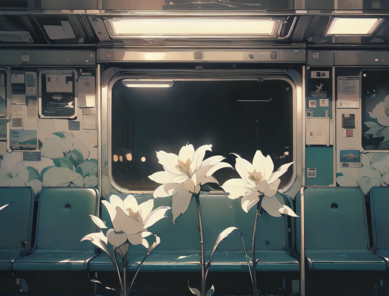(((Masterpiece, top quality))), (((32K wallpaper))), ultra high resolution, gorgeous light leak, (((backlit))), highly detailed background, top quality, (((((no humans))))), Empty train, (((White flower))),  (((( very dull color )))), ((((Detailed train seating))), (((Strong light shines in)))、(((night)))、(((moonlight)))