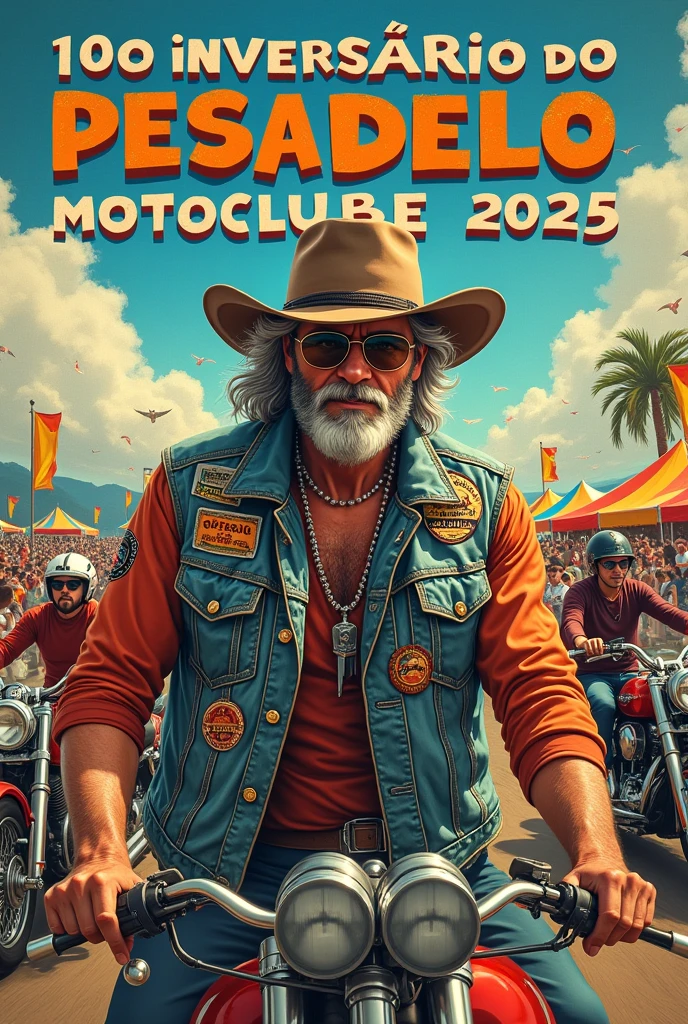 Vintage motorcycle event poster, written in Portuguese: 10th Anniversary of Pesadelo Motoclube January 18, 2025, biker wearing a denim motorcycle club vest with only white patches at a festival