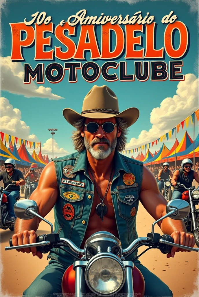 Vintage motorcycle event poster, written in Portuguese: 10th Anniversary of Pesadelo Motoclube January 18, 2025, biker wearing a denim motorcycle club vest with only white patches at a festival