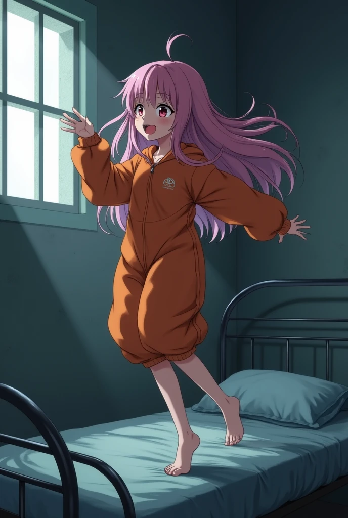 Anime girl, barefoot, wearing an orange jumpsuit, sitting on a bed inside a prison cell, Jumpsuit is wery big, have massive shorts on it. Girl is dancing in her cell, 