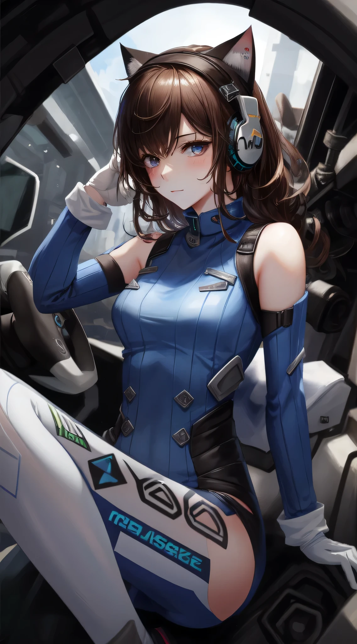 masterpiece, Best Quality, high resolution, 1 girl, Super high resolution, alone, Mechanical pilot, D.and, heaDphones, pink eyes, blue socks, brown hair, white gloves, Cat Face Ornament,