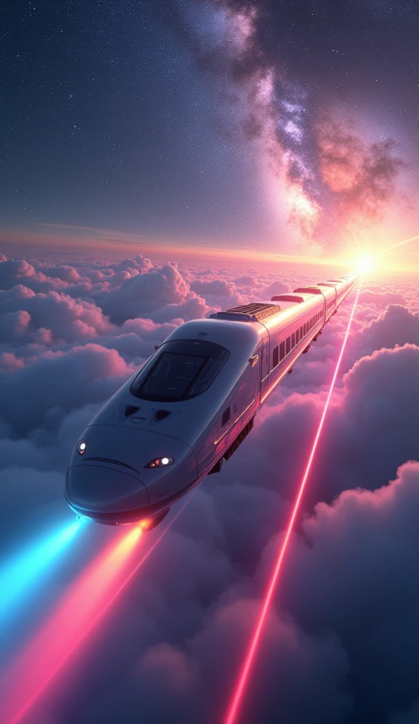 A train-shaped spaceship heads towards the galaxy,(Interstellar Railroad),A train appears from inside the clouds,The train is floating in the air.,(The train runs over the rainbow-colored laser guidance lights.:2.0),sf,(A streamlined aircraft like the Eurostar:2.0),(The background is the universe and the Milky Way:1.6),masterpiece,Highest quality,Ultra-high resolution,(Super detailed),8k,Realistic,DSLR Canon style,(dynamic,Big impact,Shooting from below:1.2)
