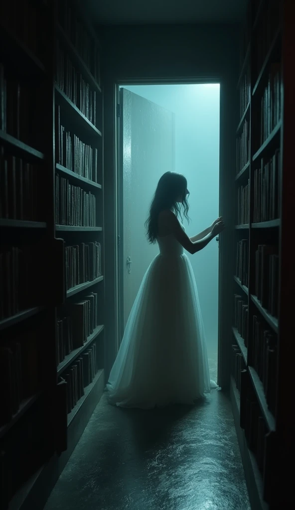 ""Emily is standing near the exit of the library, her face filled with panic as she desperately tries to open a door that won’t budge. The library behind her is now engulfed in darkness, with only her silhouette and the door illuminated. From the shadows, the faint outline of a woman in a tattered, old-fashioned gown approaches, her hollow eyes barely visible but terrifying."