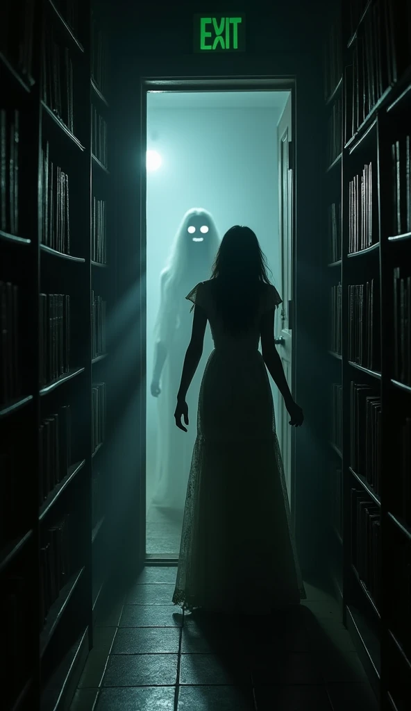 ""Emily is standing near the exit of the library, her face filled with panic as she desperately tries to open a door that won’t budge. The library behind her is now engulfed in darkness, with only her silhouette and the door illuminated. From the shadows, the faint outline of a woman in a tattered, old-fashioned gown approaches, her hollow eyes barely visible but terrifying."