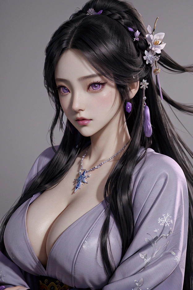anime human woman. half-up long black hair. fair skin. purple eyes. gigantic boobs. Wuxia clothes. snowflake necklace. mauve smirking lips. Realism style. 3D anime model style. CGI animation. Wuxia style.