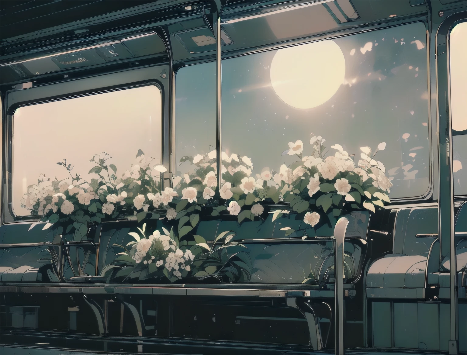 (((Masterpiece, top quality))), (((32K wallpaper))), ultra high resolution, gorgeous light leak, (((backlit))), highly detailed background, top quality, (((((no humans))))), Empty train, (((White flower))), (((( very dull color )))), ((((Detailed train seating))), (((Strong light shines in)))、(((night)))、(((moonlight)))