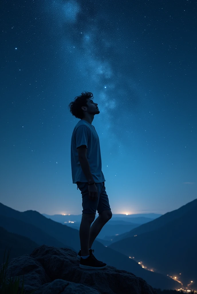 A realistic image of a guy staring at universe at night time