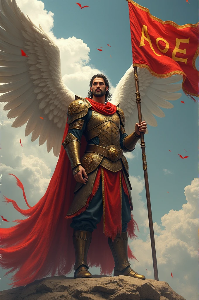 ((best quality)), ((masterpiece)), (detailed), perfect face. Create an epic piece of art featuring an angel of justice that embodies the essence of a god of war and victory. He stands gracefully with a waving flag in his right hand with "AoE" written on it. Next to him is a sign that says "King Kodo's Empire"