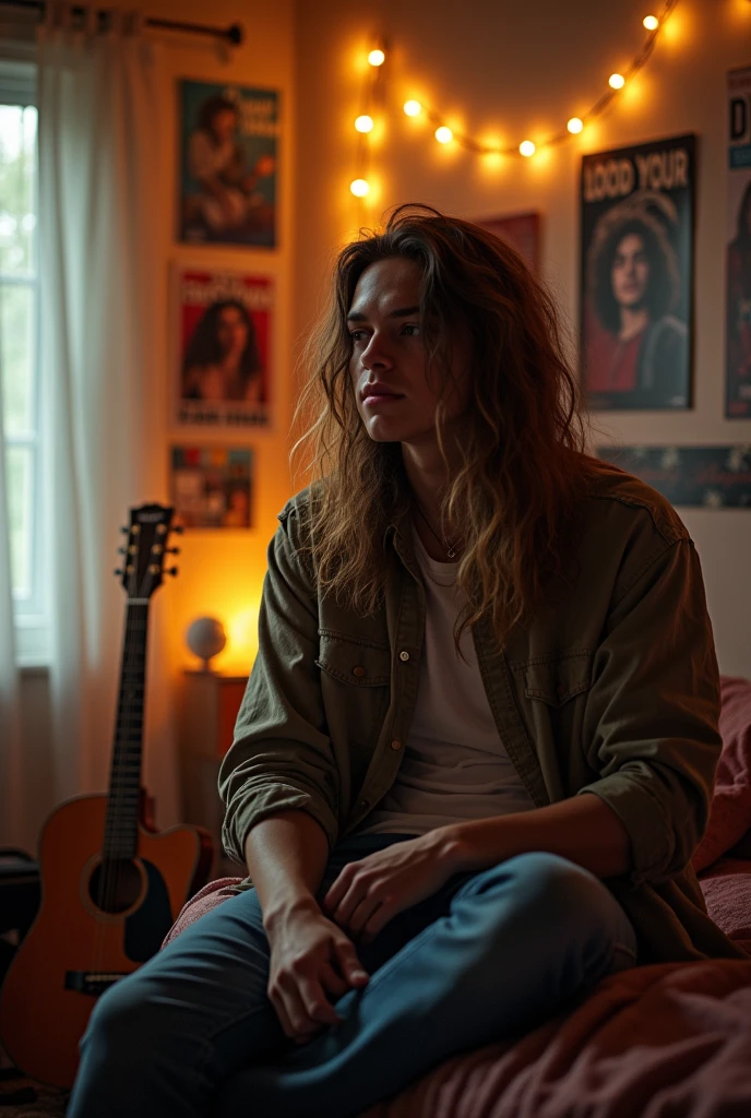 Create a realistic 18-year-old man with long hair, in his room with low lighting but still looking realistic.