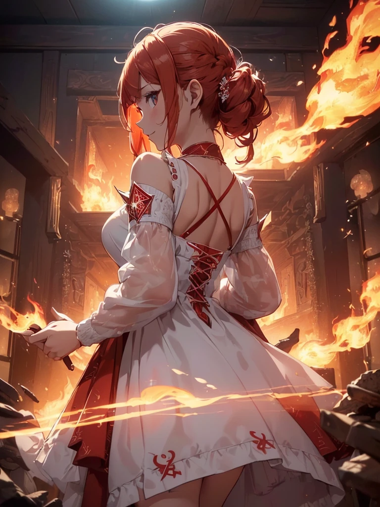 (((best quality, sharp image, clear image, cinematic lighting, 8k resolution, masterpiece, ultra detailed, intricate))) Girl, (((looking over left shoulder))), (shot from behind), ((half shot)), fiery red hair, pigtails, ((white dress)), ((flaming sigils, flaming runes)), spiky rock formations, (flaming lotus flowers frame), (intricate background), ((Phoenix)), (swirling flames), smiling