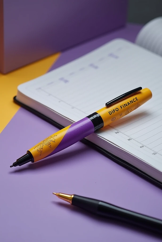 Design a purple,yellow and black pen with DIFO FINANCE written on it.